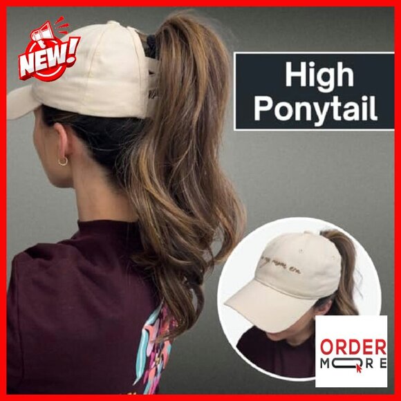 Beige Baseball Cap with Ponytail Hole, Adjustable Velcro Closure, Embroidered main image 4